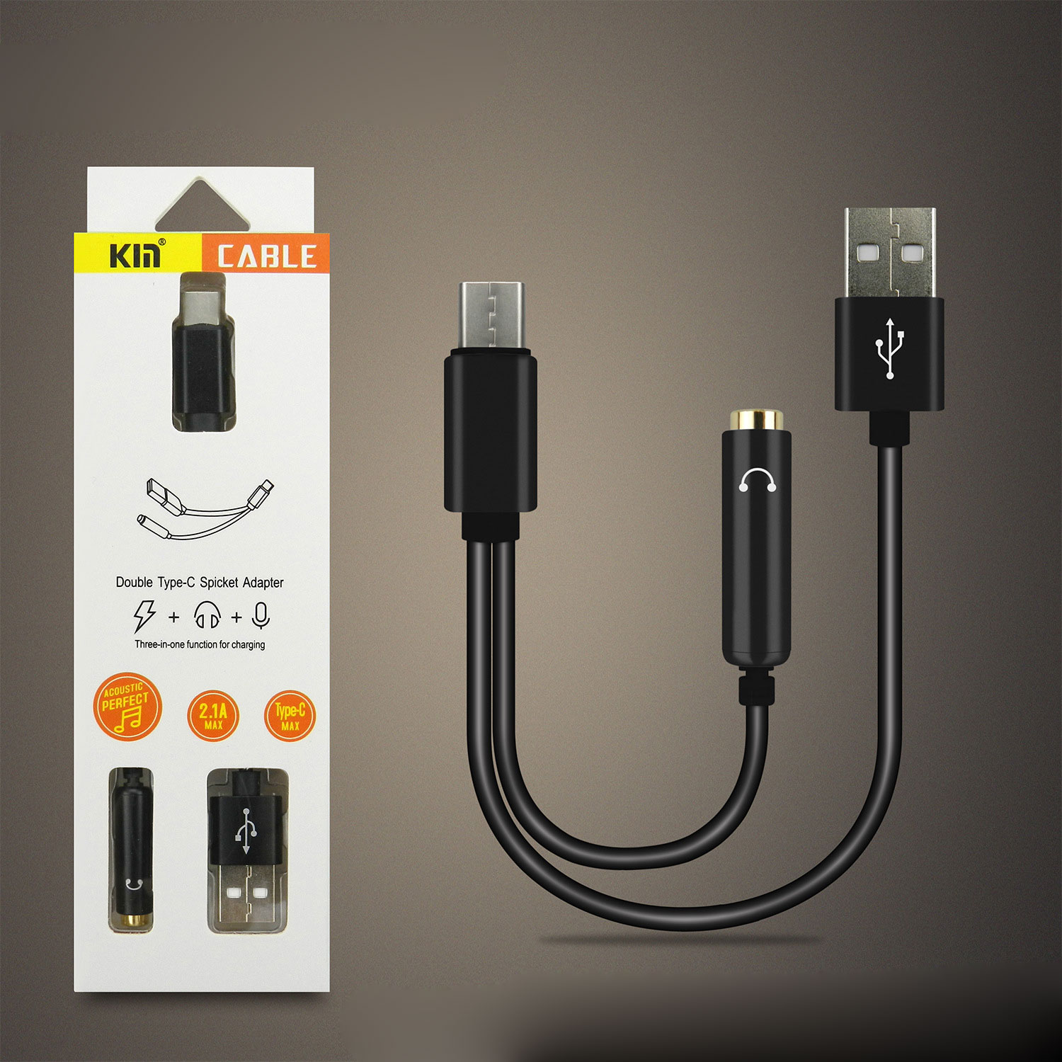 SHORT Type-C USB Charging Cable and 3.5mm Jack AUX Headphone Audio Adapter Dongle 9.5in (Black)
